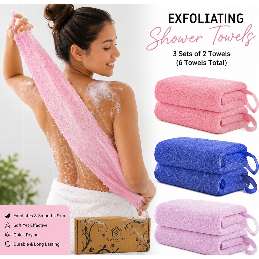 CasaVida Exfoliating Back Scrubber Towel Set Blue Pink Charcoal Fiber 6-Pack NEW